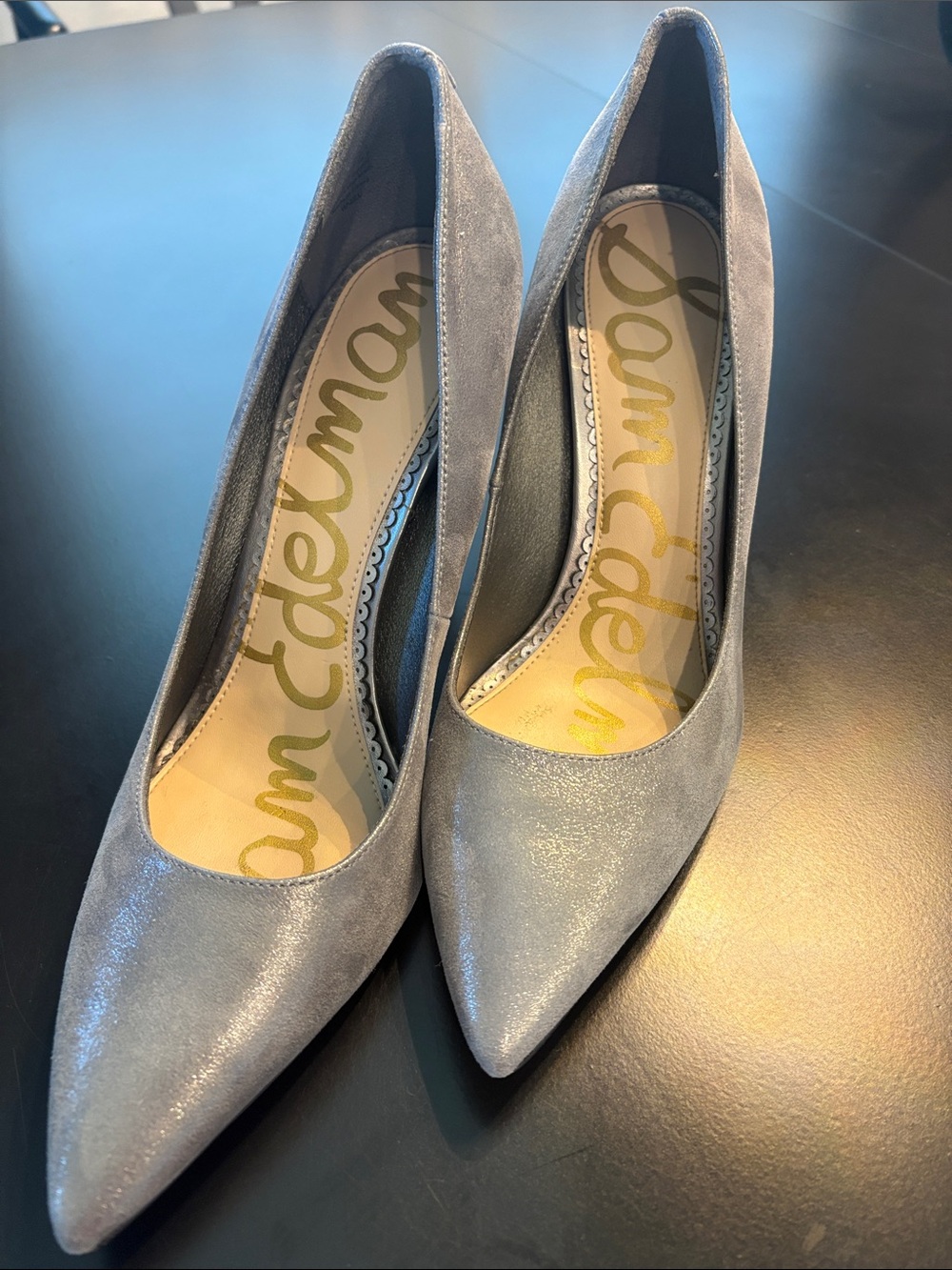 Sam Edelman Silver-Gray Pointed Toe Leather 8.5 4” Heels